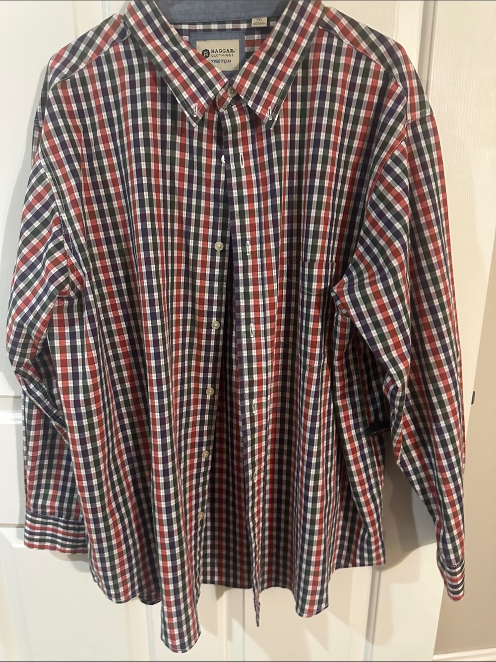 Haggar Red Navy Green Plaid Button-Down Shirt